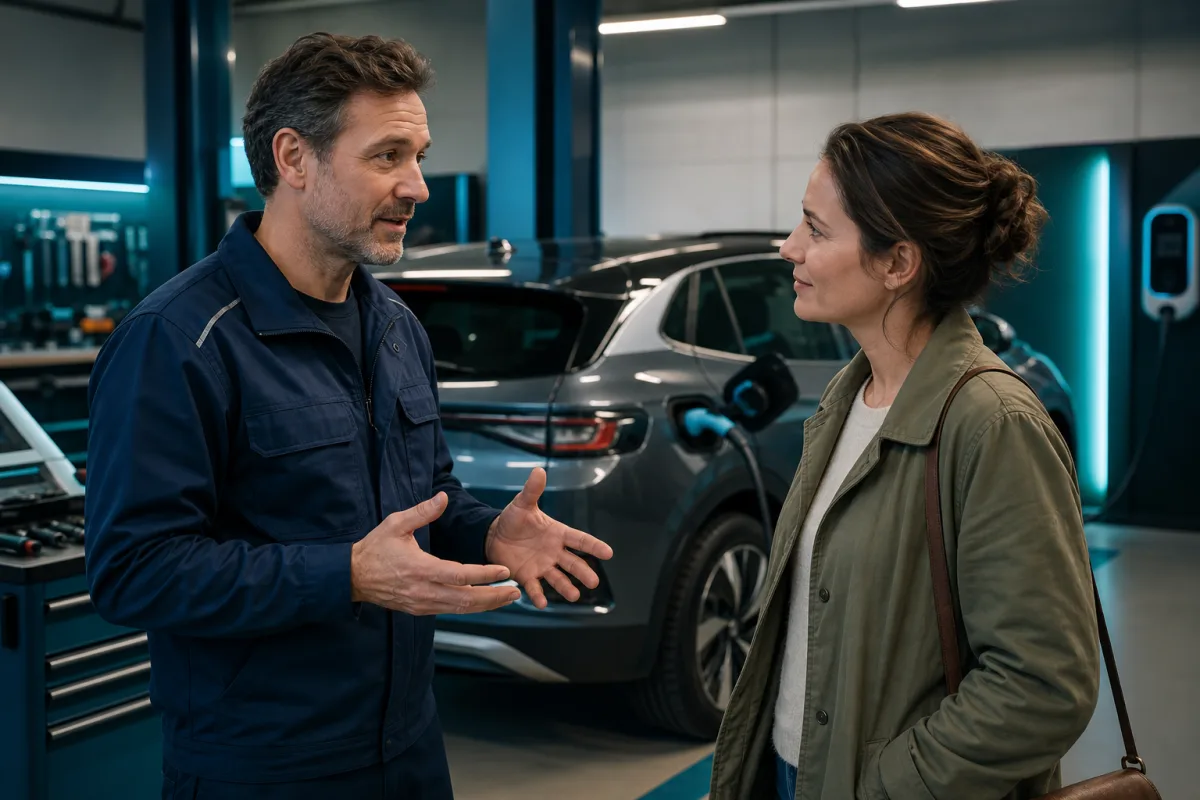 Beratungsgespräch zwischen Techniker und E-Auto-Besitzerin in der Werkstatt, 1200x800
